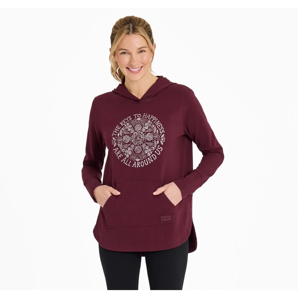 Life is Good Women's Keys to Happiness Flowers Crusher-FLEX Hoodie Tunic Top